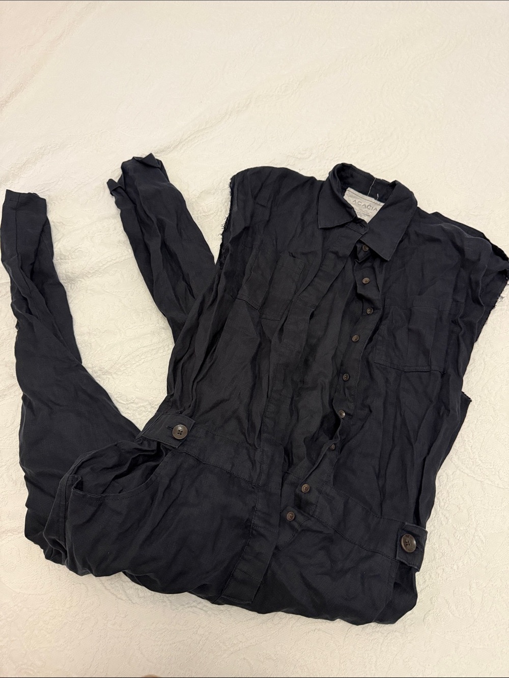 Acacia swimwear raw hem Sleeveless Black Button-Front Jumpsuit